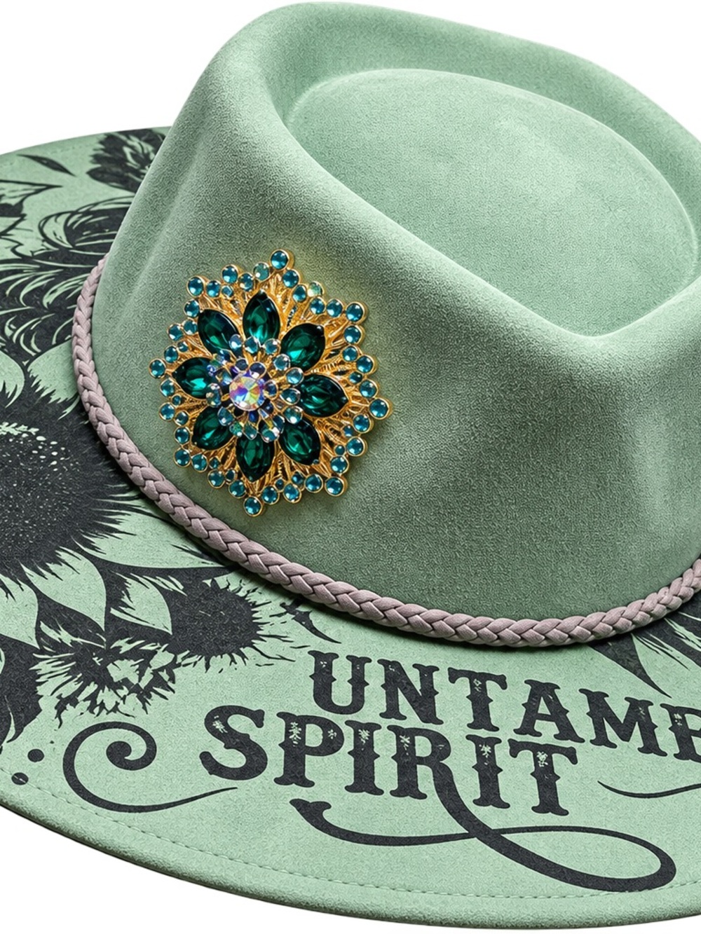 Mint Green Women's Western Hat with Decorative Brooch- Hand Engraved